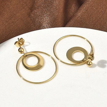 Ion Plating(IP) 304 Stainless Steel Dangle Stud Earrings, Flat Round, Golden, 30.5x25mm