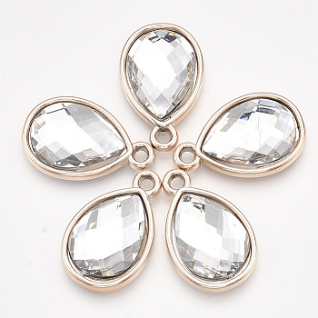 UV Plating Acrylic Pendants, with Acrylic Rhinestone, Faceted, Teardrop, Light Gold, Clear, 25x16x4.5mm, Hole: 2mm