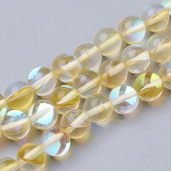 Synthetic Moonstone Beads Strands, Holographic Beads, Dyed, Round, Gold, 6mm, Hole: 0.5mm, 65pcs/strand, 15.7 inch