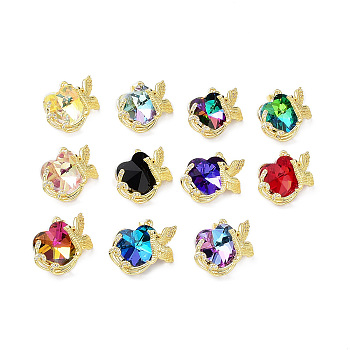Real 18K Gold Plated Rack Plating Brass Micro Pave Cubic Zirconia Pendants, with Glass, Long-Lasting Plated, Cadmium Free & Lead Free, Bird with Heart, Mixed Color, 25x25.5x13mm, Hole: 3.5x5mm