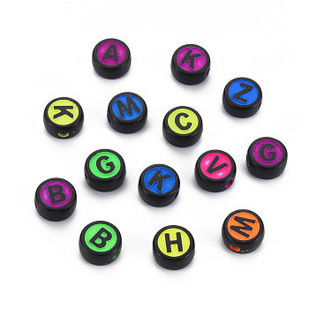 Opaque Acrylic Beads, Flat Round with Alphabet, Letter A~Z, 10x5mm, Hole: 2mm, about 1460pcs/500g