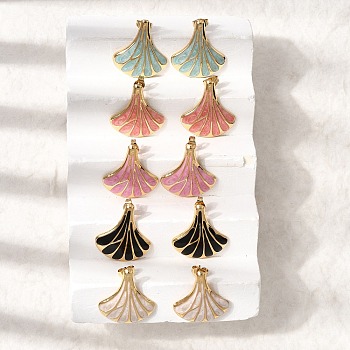 Brass Stud Earrings for Women, with Enamel, Shell Shape, Rack Plating, Long-Lasting Plated, Lead Free & Cadmium Free, Real 18K Gold Plated, Mixed Color, 26x22mm