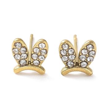 304 Stainless Steel with Rhinestone Stud Earrings, Rabbit Ear, Real 18K Gold Plated, 7.2x6.8mm