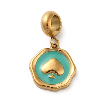 Ion Plating(IP) 304 Stainless Steel Enamel European Dangle Charms, Large Hole Pendants, Flat Round with Spade Pattern, Golden, Light Sea Green, 25mm, Pendant: 15x14x2.5mm, Hole: 4.5mm