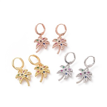 Brass Micro Pave Cubic Zirconia Dangle Hoop Earrings, Coconut Tree, Mixed Color, 31mm, Pin: 0.9mm