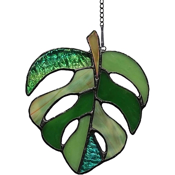 Plant Acrylic Leaf Window Hanging Decorations, with Iron Chains and Hook, for Home Garden Decor, Green, 137x112mm