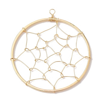 Copper Wired Pendants, Flat Round with Spider Web, Golden, 40x35~36x1mm, Hole: 2mm