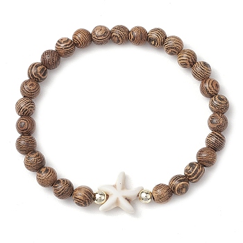 Summer Beach Starfish Dyed Synthetic Turquoise & 6mm Round Wenge Wood Beaded Stretch Bracelets for Women, Floral White, Inner Diameter: 1-7/8 inch(4.7cm)