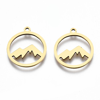 201 Stainless Steel Pendants, Laser Cut, Ring with Mountain, Golden, 17.5x15.5x1mm, Hole: 1.4mm