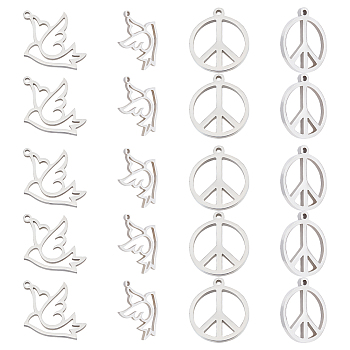 Unicraftale 28Pcs 2Style 201 Stainless Steel Pendants, Manual Polishing, Pigeon and Peace Sign, Stainless Steel Color, 22x15x1.5mm, Hole: 1.2mm, 14pcs/style