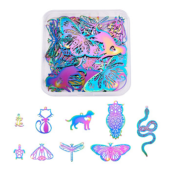 36Pcs 9 Style Ion Plating(IP) 201 Stainless Steel Filigree Pendants, Etched Metal Embellishments, Laser Cut, Animal, Rainbow Color, 16~63x11~48x0.2~1mm, Hole: 1.2~2.5mm, 4pcs/style