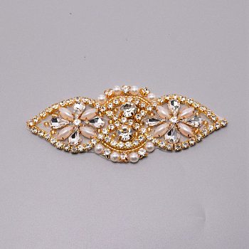 Hotfix Rhinestone, Iron on Patches, Dress Shoes Garment Decoration, with Plastic Pearl Beads, Flower, Crystal, 100x40x6.5mm