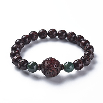 Sandalwood Mala Bead Bracelets, with Natural Jade Beads, Round Carved Om Mani Padme Hum, Buddhist Jewelry, Stretch Bracelets, Coconut Brown, Inner Diameter: 2-1/8 inch(5.5cm)