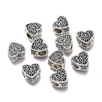 Tibetan Style Alloy European Beads, Large Hole Beads, Heart, Antique Silver, 10x11x7mm, Hole: 4mm