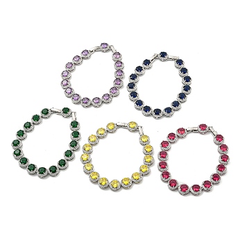 Rack Plating Brass Flat Round Links Bracelets with Glass for Women, Platinum, Mixed Color, 7-7/8 inch(20.1cm)
