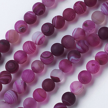 Natural Grade A Striped Agate/Banded Agate Beads Strands, Dyed & Heated, Frosted, Round, Medium Violet Red, 10mm, Hole: 1.2mm, about 47pcs/strand, 14.9 inch(38cm)