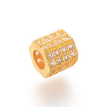 Brass Micro Pave Cubic Zirconia European Beads, Large Hole Beads, Hexagon, Golden, 7x8x7mm, Hole: 4mm