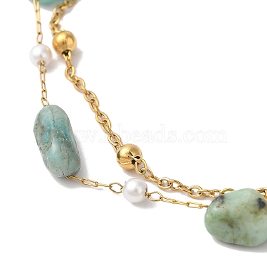 Nuggets Natural Amazonite & Imitation Pearl Multi-Strand Anklets(BJEW-P326-04B-G)-2