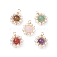 5Pcs 5 Styles Natural Mixed Gemstone Copper Wire Wrapped Pendants, Flower Charms with Shell Pearl Beads, Golden, 21x17x8mm, Hole: 2.5mm, 1pc/style(PALLOY-TA00038)