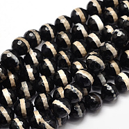 Tibetan Style Striped Pattern dZi Beads Strands, Faceted Natural Agate Round Beads, Black, 8mm, Hole: 1mm, about 46pcs/strand, 15.4 inch(X-TDZI-O005-10F-8mm)