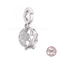 Rhodium Plated 925 Sterling Silver Micro Pave Cubic Zirconia Bead Cage Pendants, Flower, Real Platinum Plated, 21.5x9.5x10mm, Hole: 5mm, Inner Diameter: 8.3mm(STER-K176-14P)