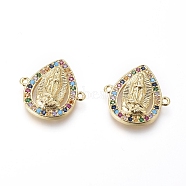 Religion Theme Brass Micro Pave Cubic Zirconia Links connectors, teardrop, with Virgin Mary, Colorful, Golden, 17.5x17x3.5mm, Hole: 1.2mm(ZIRC-I032-69G)