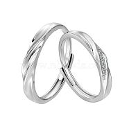 Rhodium Plated 925 Sterling Silver Wave Adjustable Couple Rings, Clear Cubic Zirconia Rings for Lovers, Platinum, US Size 10 1/4(19.9mm), US Size 7 3/4(17.9mm)(JR853A)