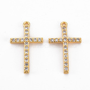 Brass Clear Cubic Zirconia Pendants, Nickel Free, Cross, Real 18K Gold Plated, 22x13x2mm, Hole: 1.2mm(KK-N233-105-NF)