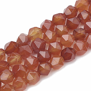 Natural Carnelian Beads Strands, Faceted, Dyed, Star Cut Round Beads, 10x9~10mm, Hole: 1mm, about 36~38pcs/strand, 14.2~14.6 inch(G-S332-10mm-005)