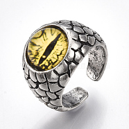 Alloy Glass Cuff Finger Rings, Wide Band Rings, Dragon Eye, Antique Silver, Yellow, Size 9, 19mm(RJEW-T006-04D)