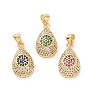 Brass Micro Pave Cubic Zirconia Pendants, Real 18K Gold Plated, Teardrop with Flat Round Pattern Charm, Mixed Color, 19.5x11x7mm, Hole: 3.5x4mm(ZIRC-I063-40G)