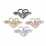 Brass Micro Pave Cubic Zirconia Links connectors, Heart with Heartbeat & Arrow, Colorful, Mixed Color, 15x28.5x2.5mm, Hole: 1.2mm(ZIRC-T005-039)