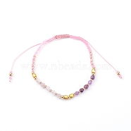 Adjustable Nylon Cord Braided Bead Bracelets, with Natural Rose Quartz & Amethyst Beads, Glass Seed Beads and Brass Beads, Golden, Inner Diameter: 2-1/8~3-1/2 inch(5.5~9cm)(BJEW-JB06024-01)