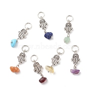 7Pcs 7 Styles Chakra Natural & Synthetic Mixed Stone Chips Alloy Pendants, Natural Green Aventurine & Garnet & Red Aventurine & Lapis Lazuli & Amethyst & Citrine, Synthetic Turquoise, Hamsa Hand Charm, 26.5~27.5mm, Stone: 6~11x5~7mm, Hand: 11.5x10x3.8mm, Hole: 5.8mm, 1pc/style(PALLOY-JF01778-06)