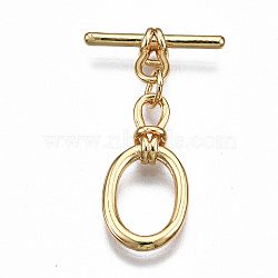 Brass Toggle Clasps, Nickel Free, Oval, Real 18K Gold Plated, 30mm long, Bar: 17x9x3mm, hole: 3.5x2mm, Jump Ring: 5x1mm, Inner Diameter: 3mm, Oval: 20x10x3mm, Hole: 3.5x2mm(X-KK-T063-98G-NF)