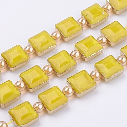 Opaque Glass Beads Strands, with Brass Findings, Faceted, Square, Gold, 13x13x8mm, Hole: 1mm, about 10pcs/strand, 7.2 inch (18.3cm)(EGLA-K013-01B)