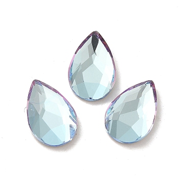 Glass Rhinestone Cabochons, Flat Back & Back Plated, Faceted, Teardrop, Light Azore, 14x9x3.5mm
