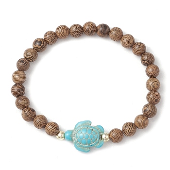 Summer Beach Turtle Dyed Synthetic Turquoise & 6.5mm Round Wenge Wood Beaded Stretch Bracelets for Women, Turquoise, Inner Diameter: 1-7/8 inch(4.9cm)