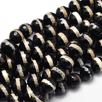 Tibetan Style Striped Pattern dZi Beads Strands, Faceted Natural Agate Round Beads, Black, 8mm, Hole: 1mm, about 46pcs/strand, 15.4 inch