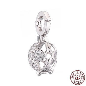 Rhodium Plated 925 Sterling Silver Micro Pave Cubic Zirconia Bead Cage Pendants, Flower, Real Platinum Plated, 21.5x9.5x10mm, Hole: 5mm, Inner Diameter: 8.3mm