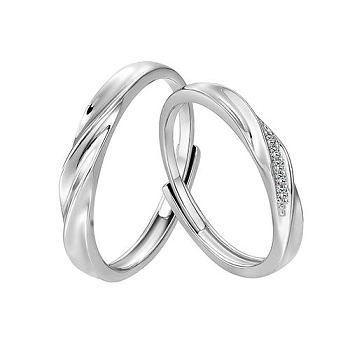 Rhodium Plated 925 Sterling Silver Wave Adjustable Couple Rings, Clear Cubic Zirconia Rings for Lovers, Platinum, US Size 10 1/4(19.9mm), US Size 7 3/4(17.9mm)