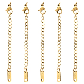 5Pcs 304 Stainless Steel Curb Chain Extender, End Chains with Lobster Claw Clasps and Oval Chain Tabs, Real 18K Gold Plated, 73mm