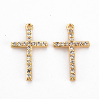 Brass Clear Cubic Zirconia Pendants, Nickel Free, Cross, Real 18K Gold Plated, 22x13x2mm, Hole: 1.2mm