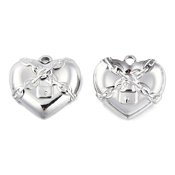 201 Stainless Steel Pendants, Locked Heart Charm, Stainless Steel Color, 19.5x20x3.5mm, Hole: 1.8mm