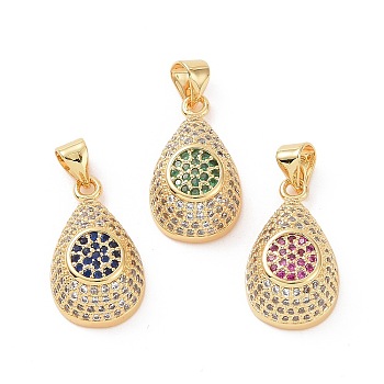 Brass Micro Pave Cubic Zirconia Pendants, Real 18K Gold Plated, Teardrop with Flat Round Pattern Charm, Mixed Color, 19.5x11x7mm, Hole: 3.5x4mm