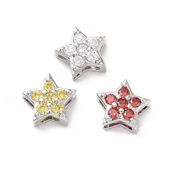 Eco-friendly Brass Micro Pave Cubic Zirconia Slide Charms, Cadmium Free & Lead Free, Long-Lasting Plated, Platinum, Star, Mixed Color, 8.5x9x3.8mm, Hole: 1x6.7mm