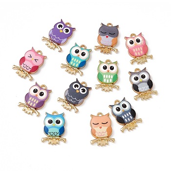 Painted Alloy Pendants, Owl Charm, Cadmium Free & Nickel Free & Lead Free, Golden, Mixed Color, 21.5x15x2.3mm, Hole: 2mm