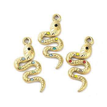 304 Stainless Steel Pendants, with Rhinestone, Snake Charm, Golden, 30x13x2.5mm, Hole: 1.7mm