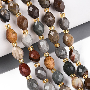 Natural Picture Jasper Beads Strands, Faceted, Oval, with Seed Beads, 8~9x6~8mm, Hole: 1~1.2mm, about 17~19pcs/strand, 7.09~7.87 inch(18~20cm)