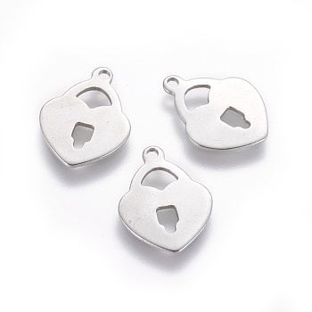201 Stainless Steel Pendants, Heart Padlock, Stainless Steel Color, 16.5x12.5x0.8mm, Hole: 1.4mm